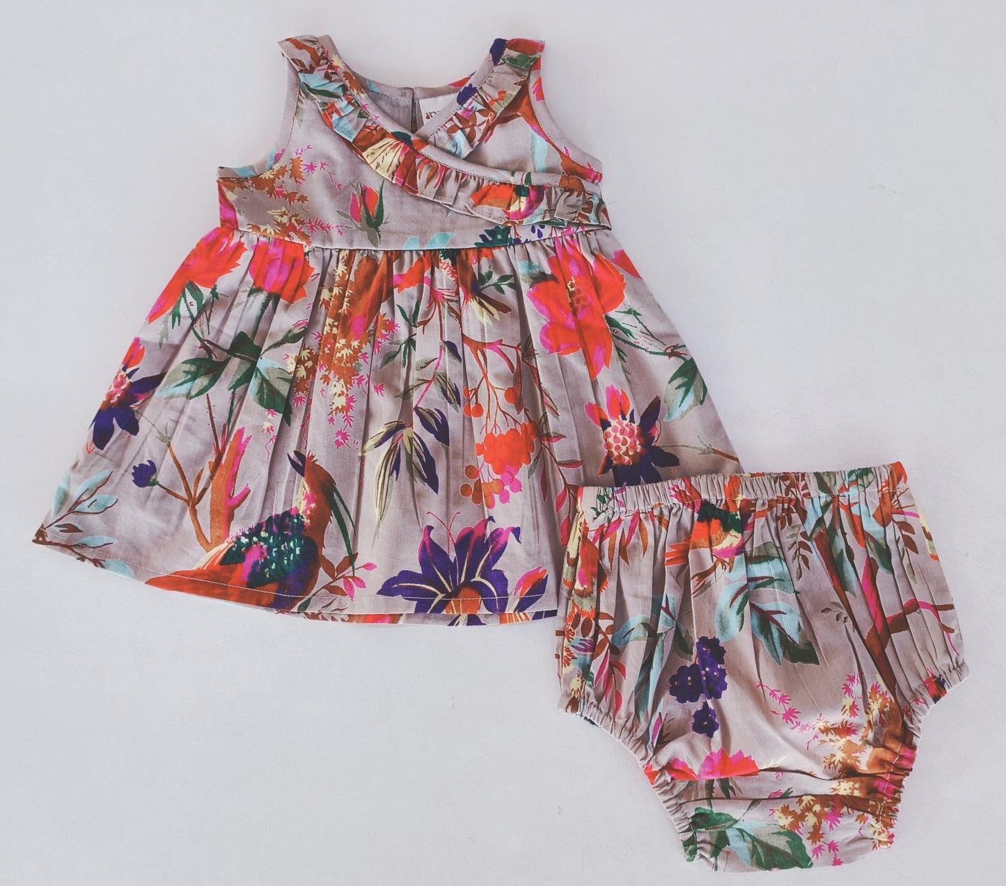 Bird Print Shift Dress With Ruffle Detail & Diaper Cover Set dress & diaper cover Yo Baby India 