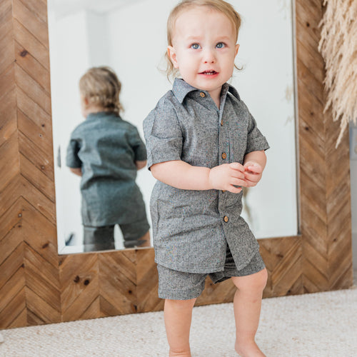 Black Chambray Boys Shirt & Shorts Set – 100% Cotton Shell | Coconut Shell Buttons | Stylish Toddler Outfit