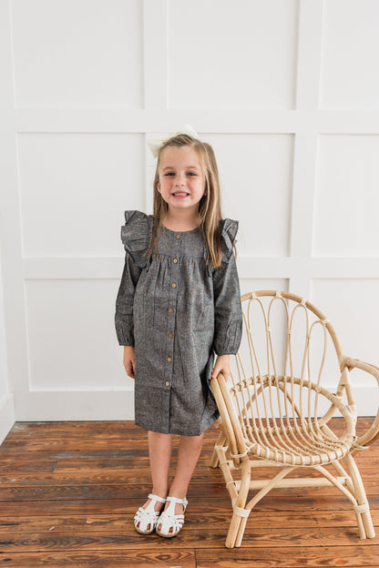 Black Chambray Long-Sleeve Ruffle Dress dress & diaper cover DRESS Yo Baby India 