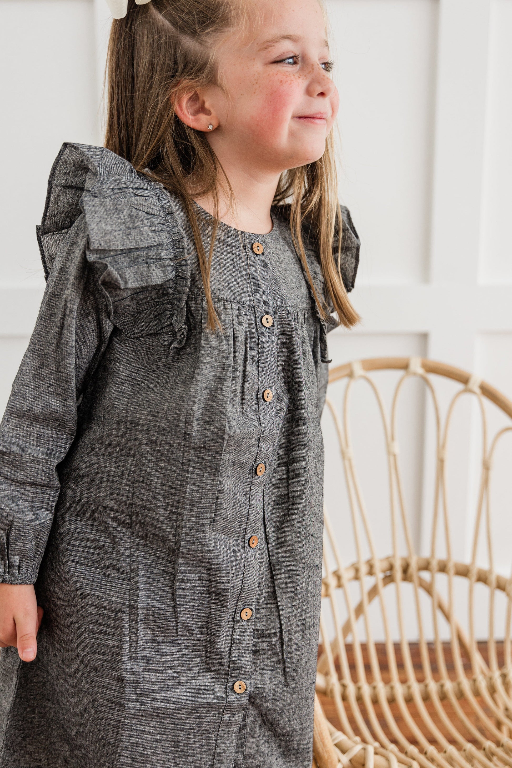 Black Chambray Long-Sleeve Ruffle Dress dress & diaper cover DRESS Yo Baby India 