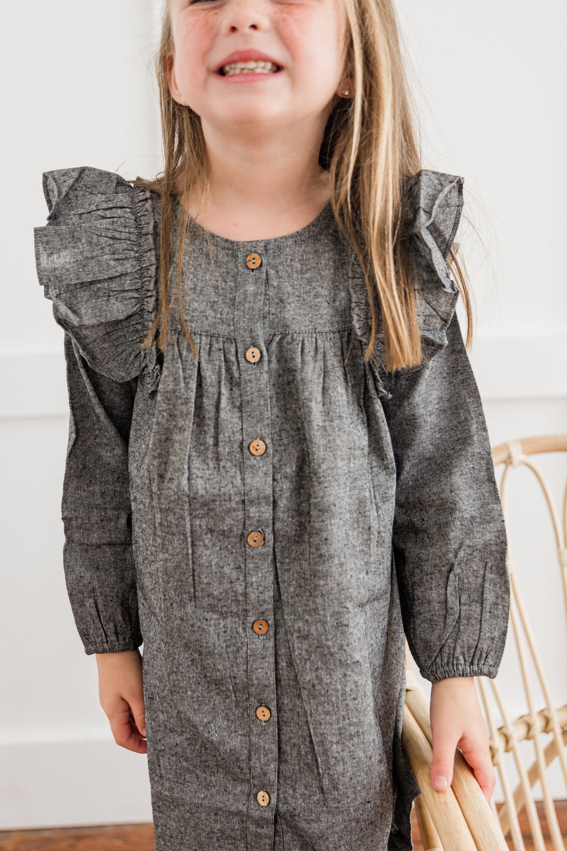 Black Chambray Long-Sleeve Ruffle Dress dress & diaper cover DRESS Yo Baby India 