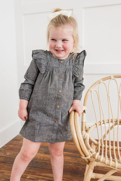 Black Chambray Long-Sleeve Ruffle Dress dress & diaper cover DRESS Yo Baby India 