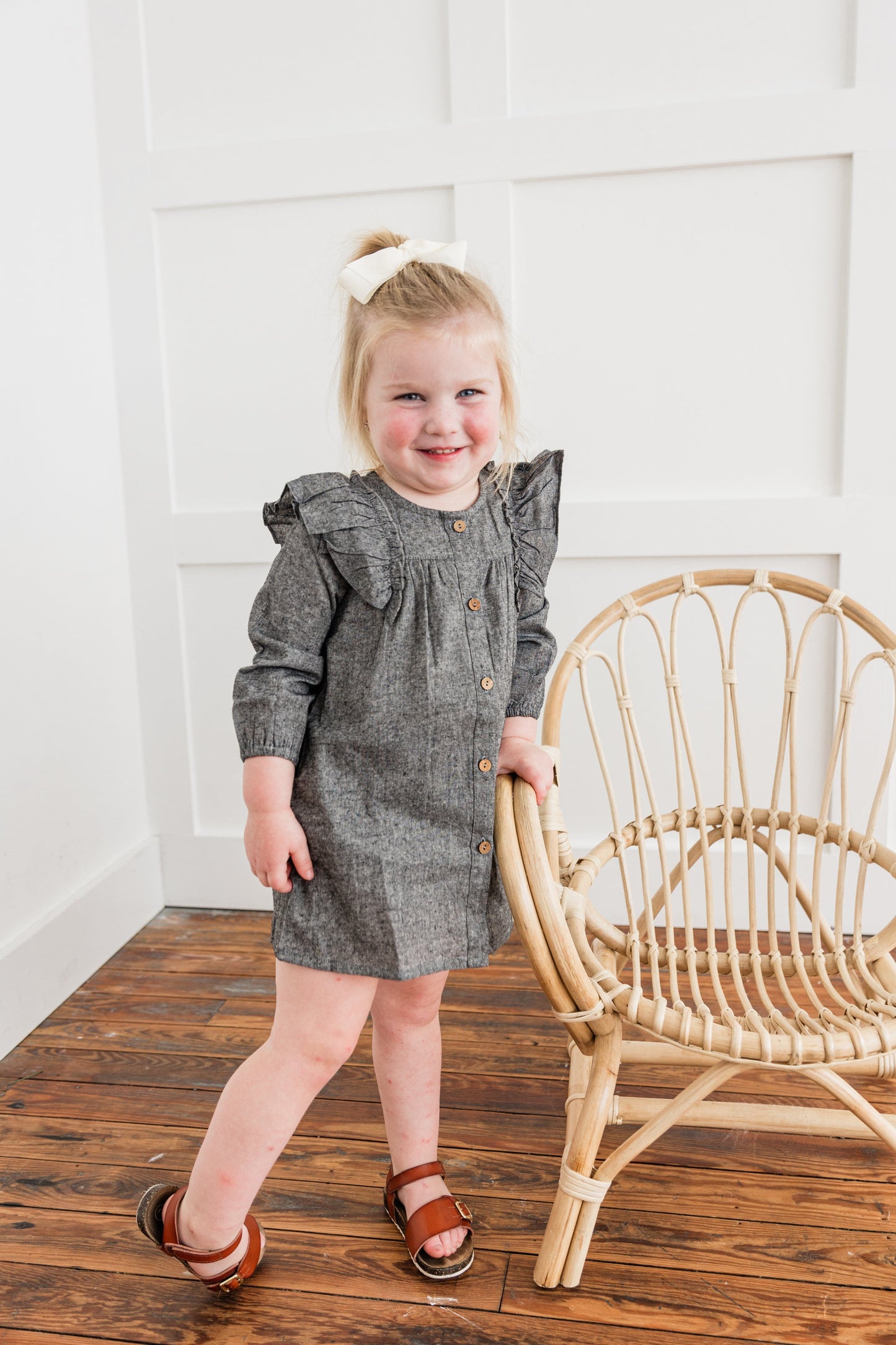 Black Chambray Long-Sleeve Ruffle Dress dress & diaper cover DRESS Yo Baby India 