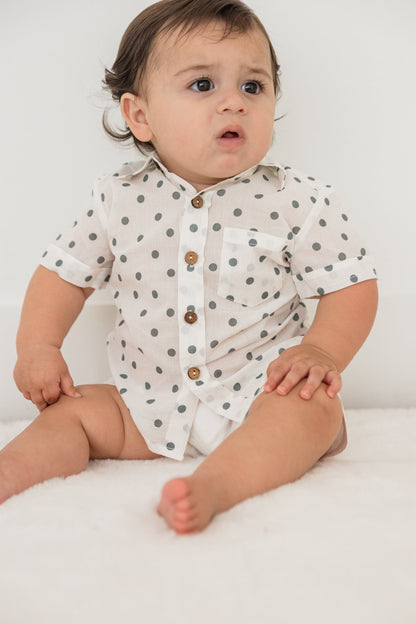 Blue Polka Dot Print Boys Shirt White Shorts set