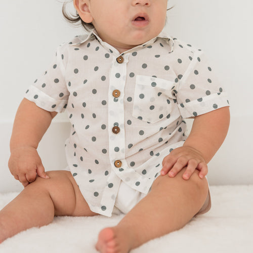 Blue Polka Dot Boys Shirt & White Shorts Set – 100% Cotton Fabric with Coconut Shell Buttons | Stylish Summer Outfit for Kids