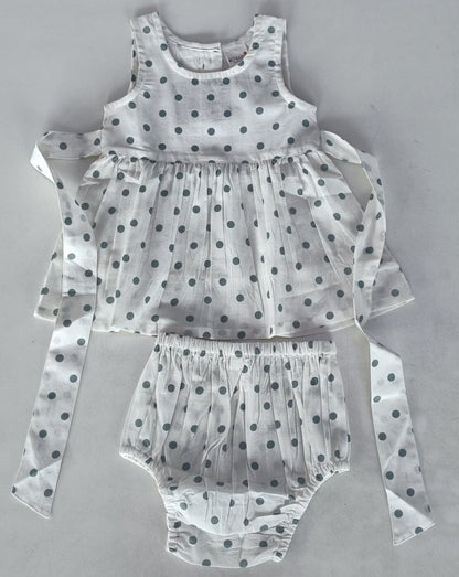 Blue Polka Dot Print Gathered Dress dress & diaper cover Yo Baby India 