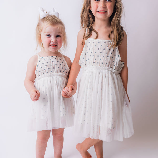 Blue Polka Dot Net Ruffle Dress – 100% Cotton Shell & Lining | Gathered Design, Infant Size Includes Bloomer