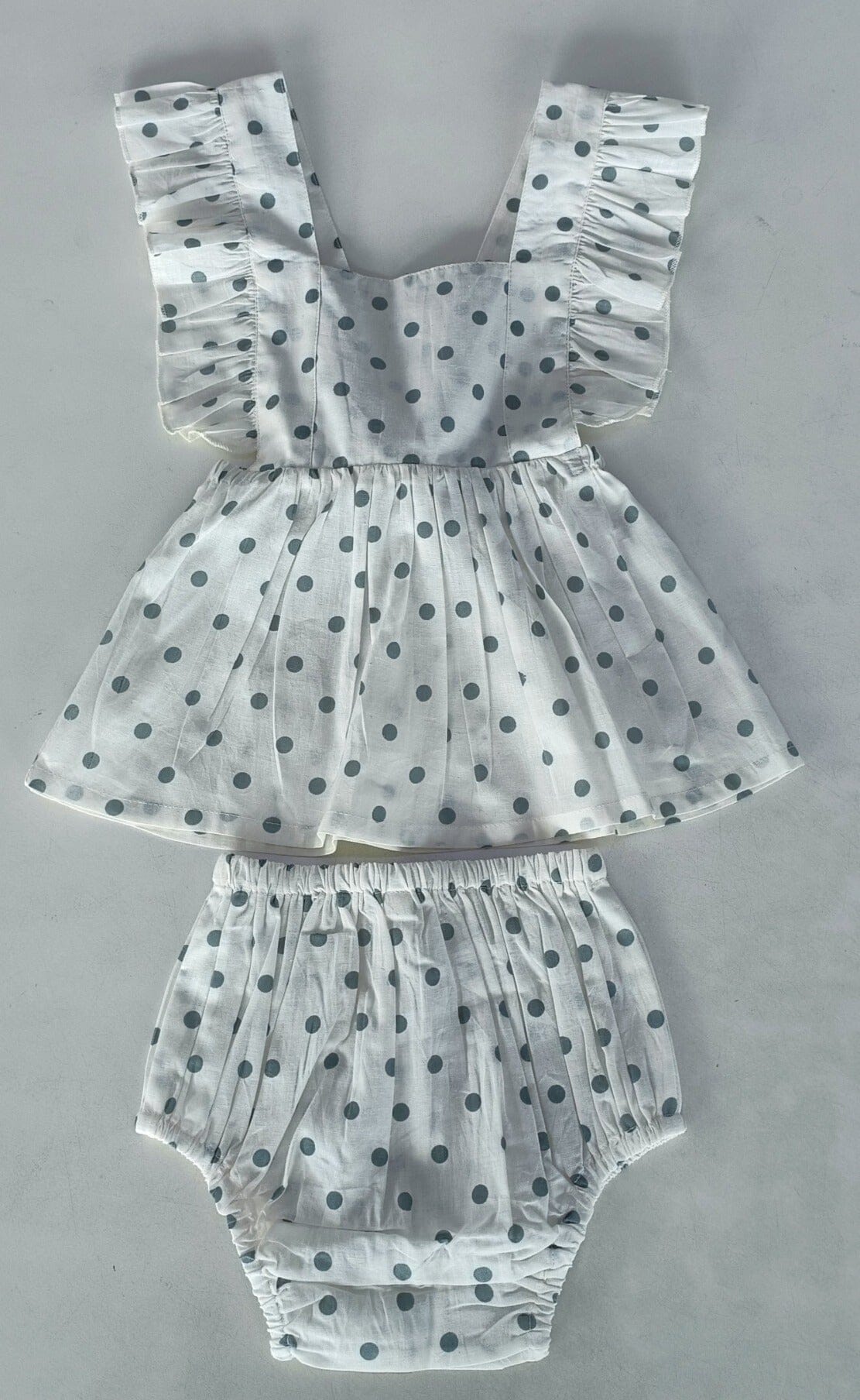 Blue Polka Dot Print Ruffled Racer Back Gathered Dress dress & diaper cover Yo Baby India 