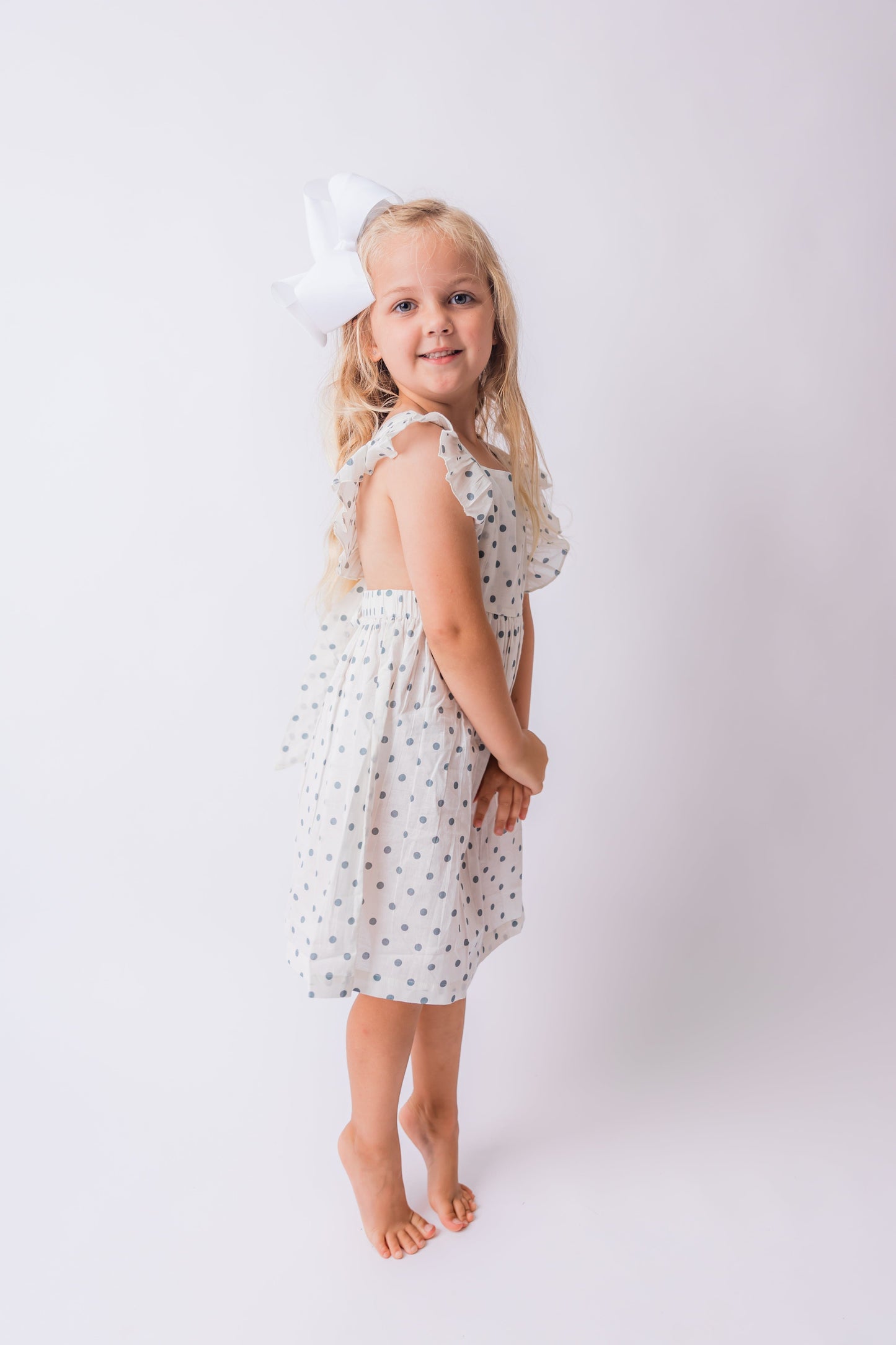 Blue Polka Dot Print Ruffled Racer Back Gathered Dress dress & diaper cover Yo Baby India 