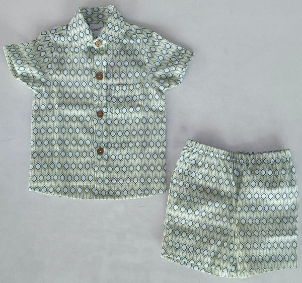 Blue & Sage Geometrical Print Boys Shirt & Shorts set Shirt-Shorts Yo Baby India 