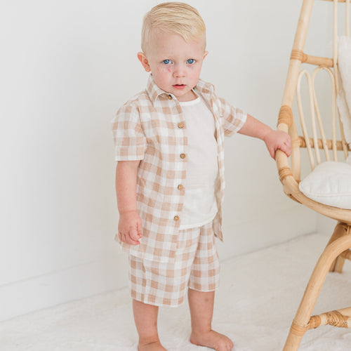 Blush Checkered Boys 3-Piece Set – Shirt, Shorts & Off-White Inner Shirt | 100% Cotton with Coconut Shell Buttons