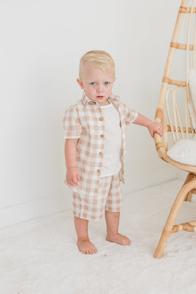 Blush Checkered Printed Boys Shirt ,Shorts & Off-White Inner shirt 3pc set Dress Yo Baby India 