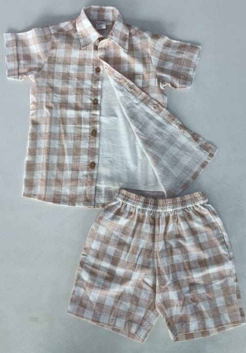 Blush Checkered Printed Boys Shirt ,Shorts & Off-White Inner shirt 3pc set Dress Yo Baby India 