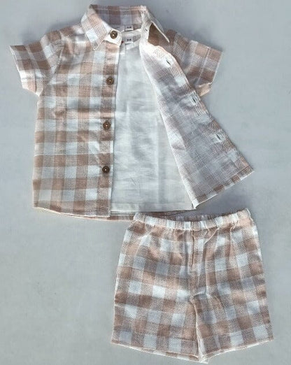 Blush Checkered Printed Boys Shirt ,Shorts & Off-White Inner shirt 3pc set Dress Yo Baby India 