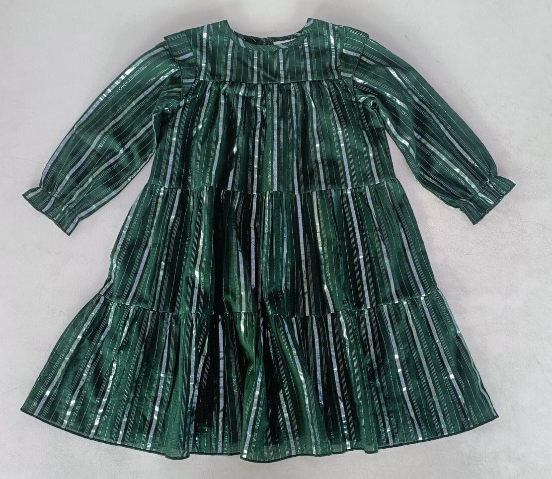 Bottle Green Solid Color Silver Lurex Tiered Long Sleeve Dress dress & diaper cover Yo Baby India 