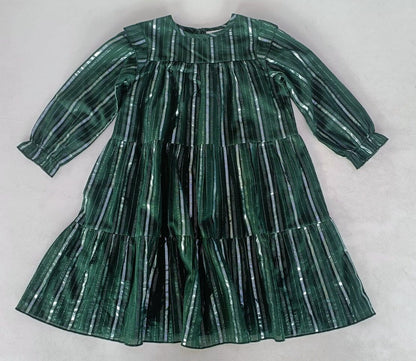 Bottle Green Solid Color Silver Lurex Tiered Long Sleeve Dress dress & diaper cover Yo Baby India 