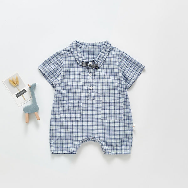 Bow-Tie Blue Checks Shirt Romper - Boys Dress Yo Baby Wholesale 