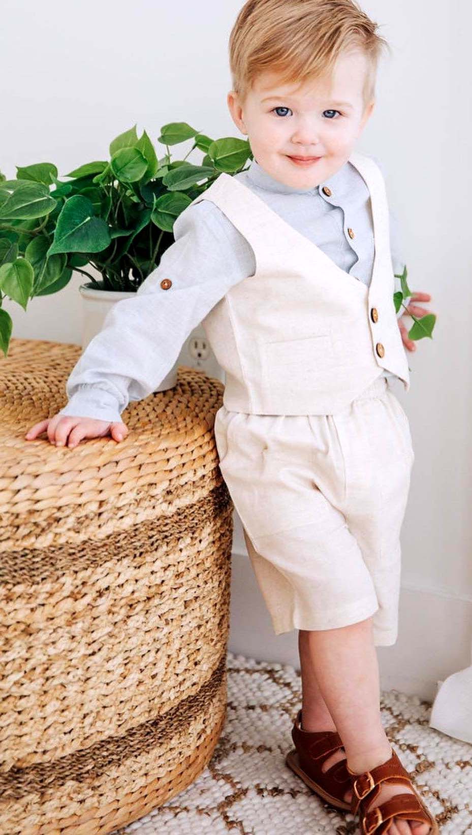 Boys 3 Piece Dress Set - Light blue shirt Ivory Vest & Shorts 3 Piece Dress Set Yo Baby Wholesale 