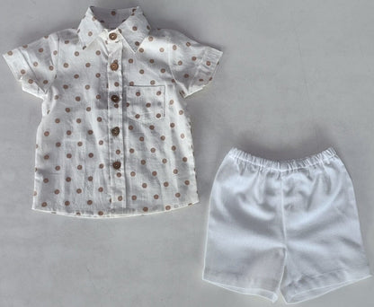 Brown Polka Dot Print Boys Shirt & White Shorts set Shirt-Shorts Yo Baby India 