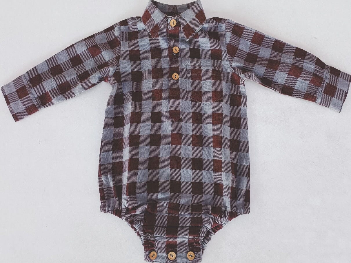 Burgundy Checkered Print Long Sleeve Baby Romper romper Yo Baby India 