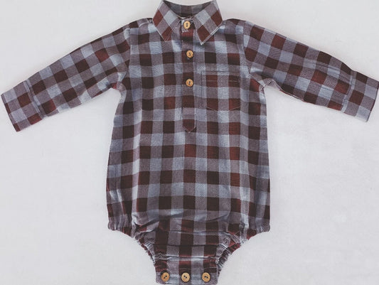 Burgundy Checkered Print Long Sleeve Baby Romper romper Yo Baby India 