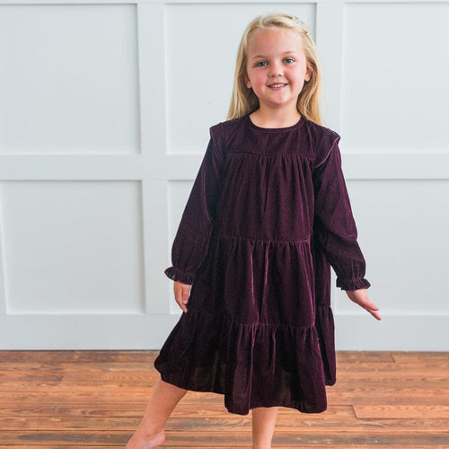 Burgundy Solid Tiered Long Sleeve Dress – 100% Viscose Velvet Baby Girl Dress with Matching Infant Size