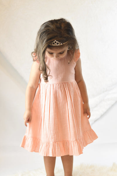Candy-Stripe Flutter-Sleeve Dress With Belt Tie Dress Yo Baby Wholesale 