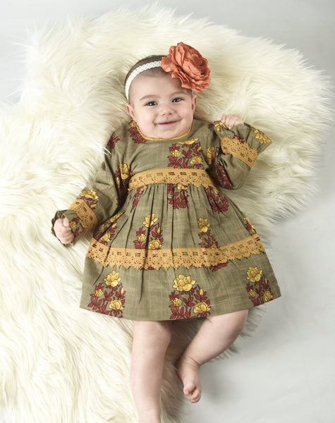 Cement Grey with Yellow Red Lace Detail Infant Dress with Matching Bloomers Dress Yo Baby Wholesale 