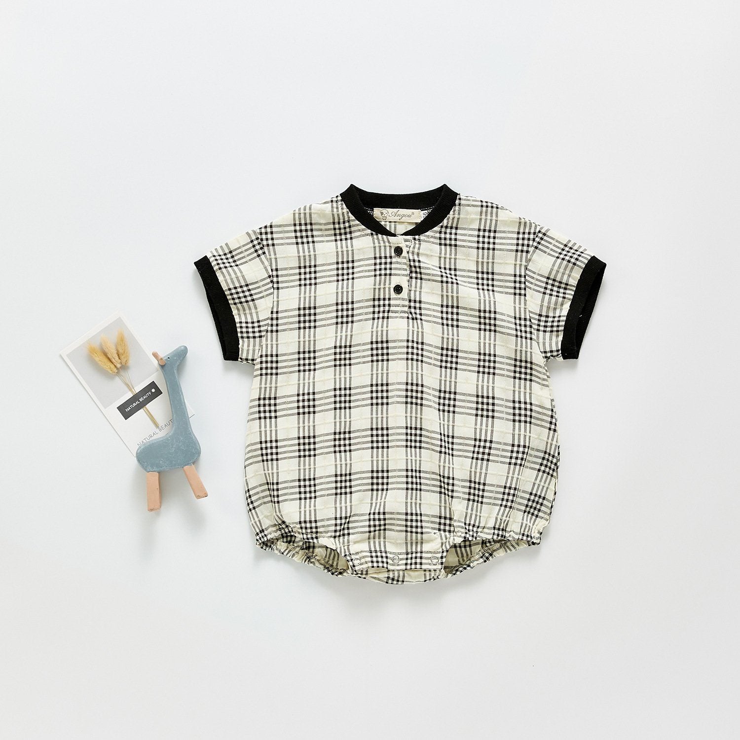 Checks Mandarin Collar Romper - Unisex Yo Baby India 0-6 month Black 