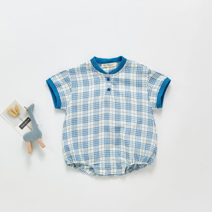 Checks Mandarin Collar Romper - Unisex Yo Baby India 0-6 month Blue 