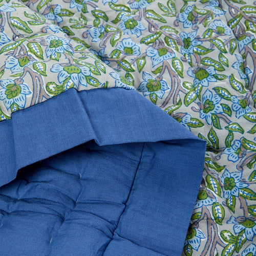 Cobalt Blue-Trim Floral Quilted Blanket – 100% Cotton Soft & Plush Multi-Purpose Blanket