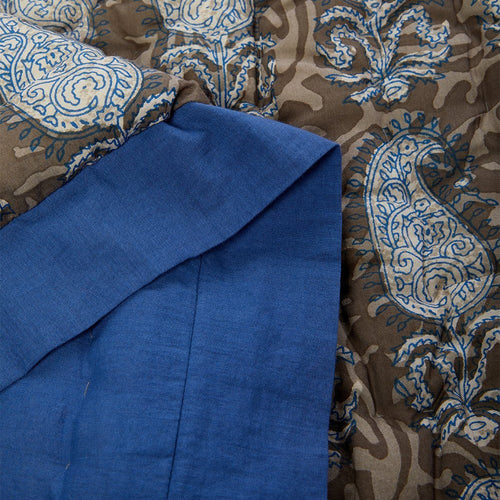 Cobalt Blue-Trim Grey Paisley Quilted Blanket – 100% Cotton Soft & Plush Multi-Purpose Blanket