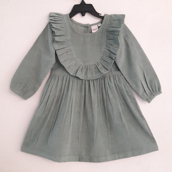 Corduroy Front & Back Yoke Ruffle Dress - Sage Green Dress Yo Baby Wholesale 