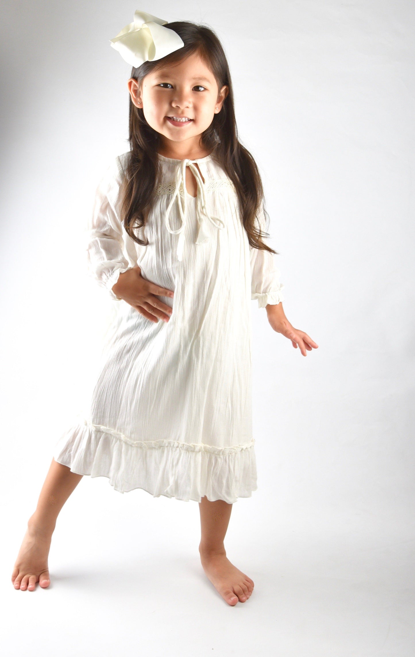 Cream Tie and Lace Detail Ruffle dress Dress Yo Baby Wholesale 