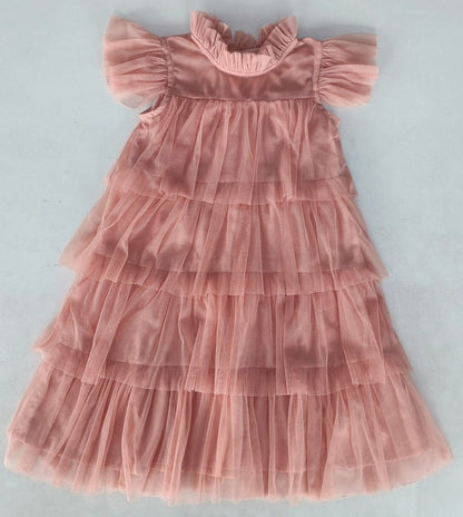 Dark Pink Tulle Solid Color Neck & Sleeve Ruffled Tiered Dress dress & diaper cover, DRESS Yo Baby India 