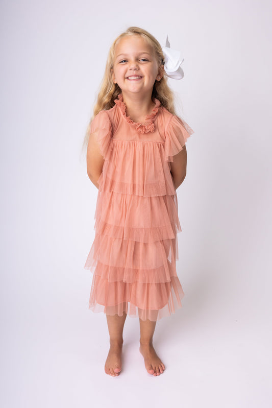 Dark Pink Tulle Solid Color Neck & Sleeve Ruffled Tiered Dress dress & diaper cover, DRESS Yo Baby India 