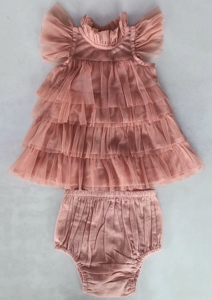Dark Pink Tulle Solid Color Neck & Sleeve Ruffled Tiered Dress dress & diaper cover, DRESS Yo Baby India 