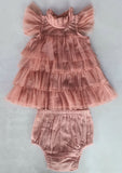 Dark Pink Tulle Solid Color Neck & Sleeve Ruffled Tiered Dress Sun Dress Yo Baby India 