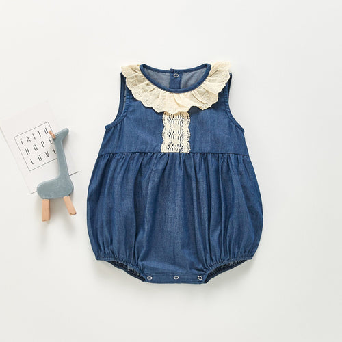 Denim Lace Sleeveless Romper – 100% Cotton Denim Baby Romper with Snap Button Closure