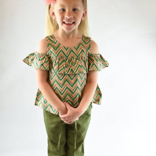 Drawstring Cropped Pants and Chevron Cold Shoulder Top Two Piece Set