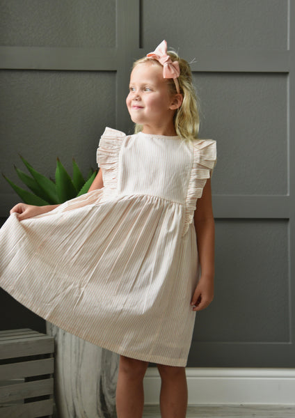 Ecru and Peach Pin Stripe Flutter Sleeves Dress and Bloomers Dress Yo Baby India 