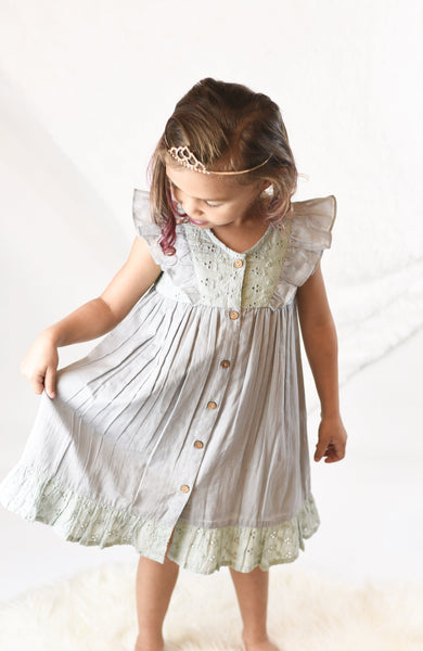 Embroidered Powder Blue Flutter Sleeve Dress Dress Yo Baby Wholesale 