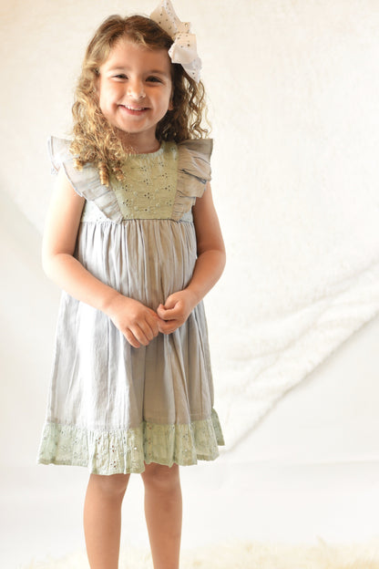 Embroidered Powder Blue Flutter Sleeve Dress Dress Yo Baby Wholesale 