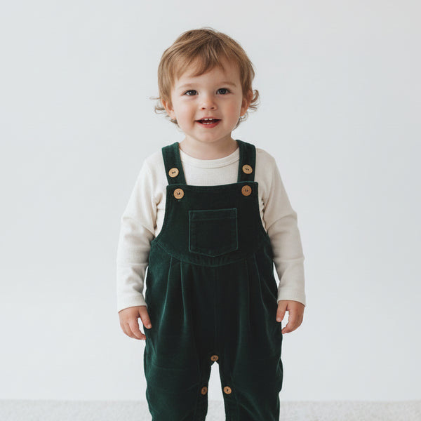 Emerald Green Micro Velvet Baby Overall – Pocket & Pleat Detail Infant Jumpsuit