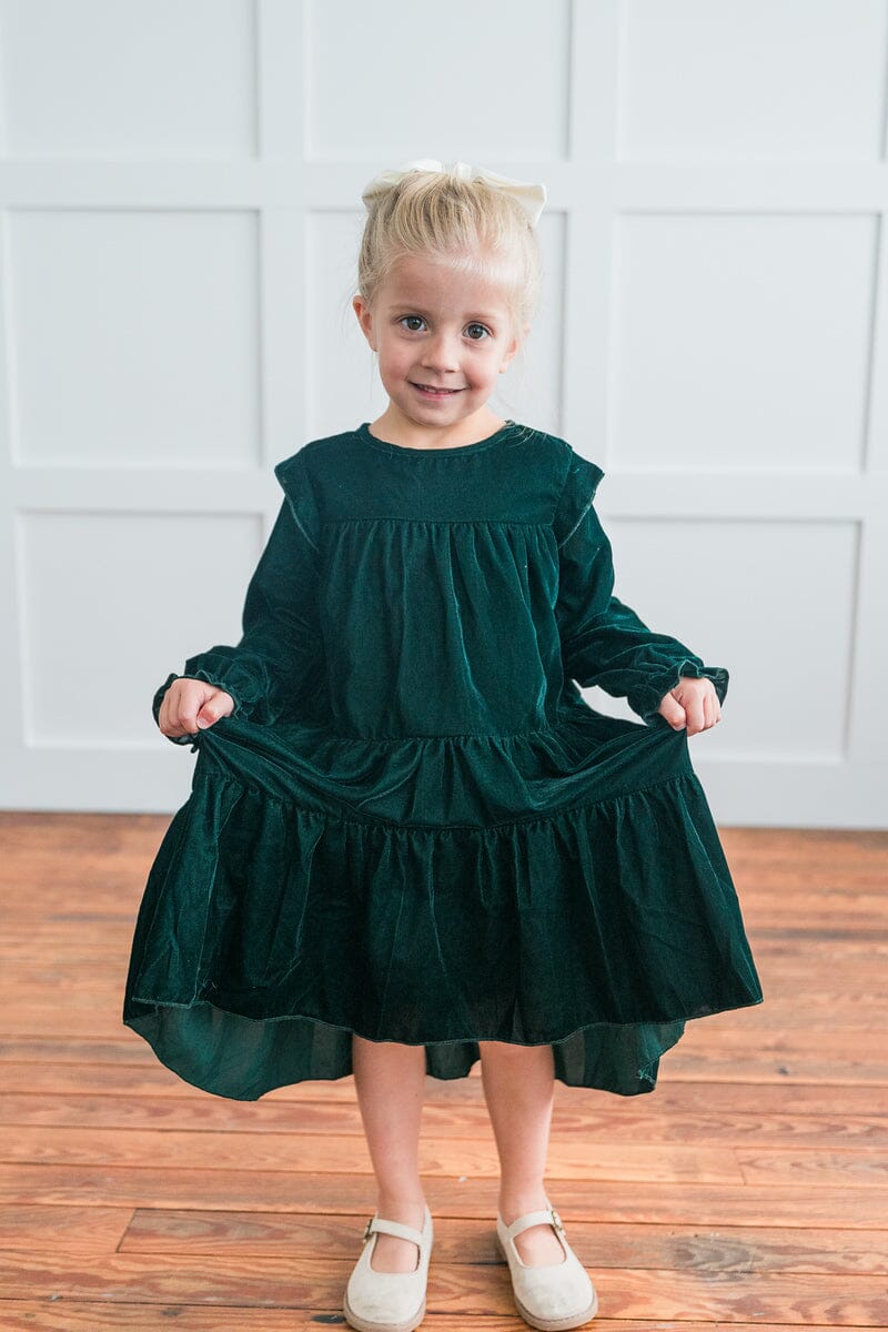 Emerald Green Solid Tiered Long Sleeve Dress – 100% Viscose Velvet Baby Girl Dress with Matching Infant Size