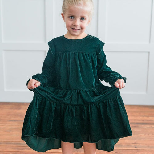 Emerald Green Solid Tiered Long Sleeve Dress – 100% Viscose Velvet Baby Girl Dress with Matching Infant Size