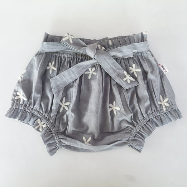 Floral Embroidery Grey Color Shorts-Style Diaper Cover With Belt Yo Baby India 