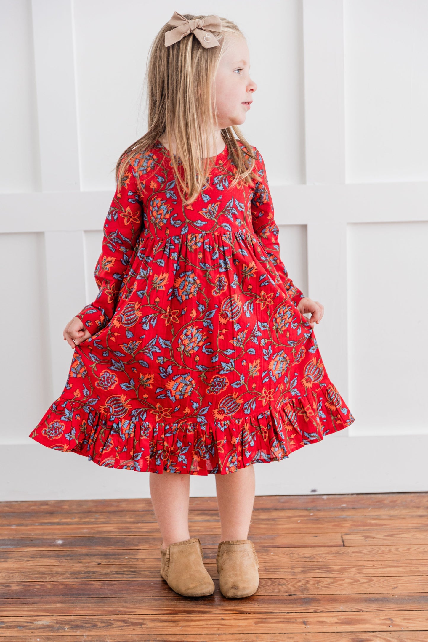 Floral Print Bottom Ruffle Long-Sleeves Gathered Dress dress & diaper cover Yo Baby India 