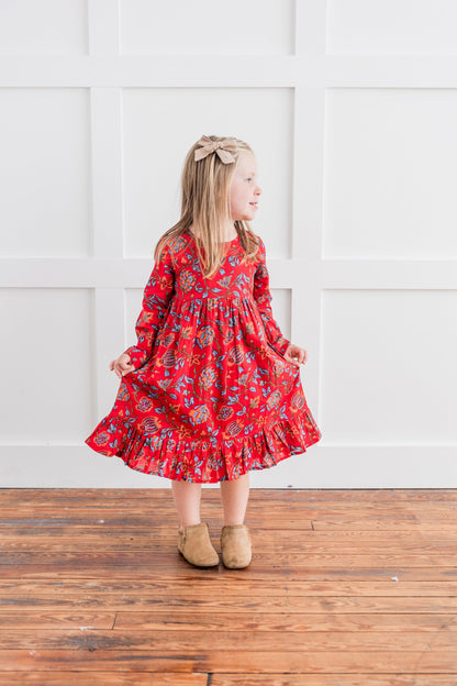 Floral Print Bottom Ruffle Long-Sleeves Gathered Dress dress & diaper cover Yo Baby India 