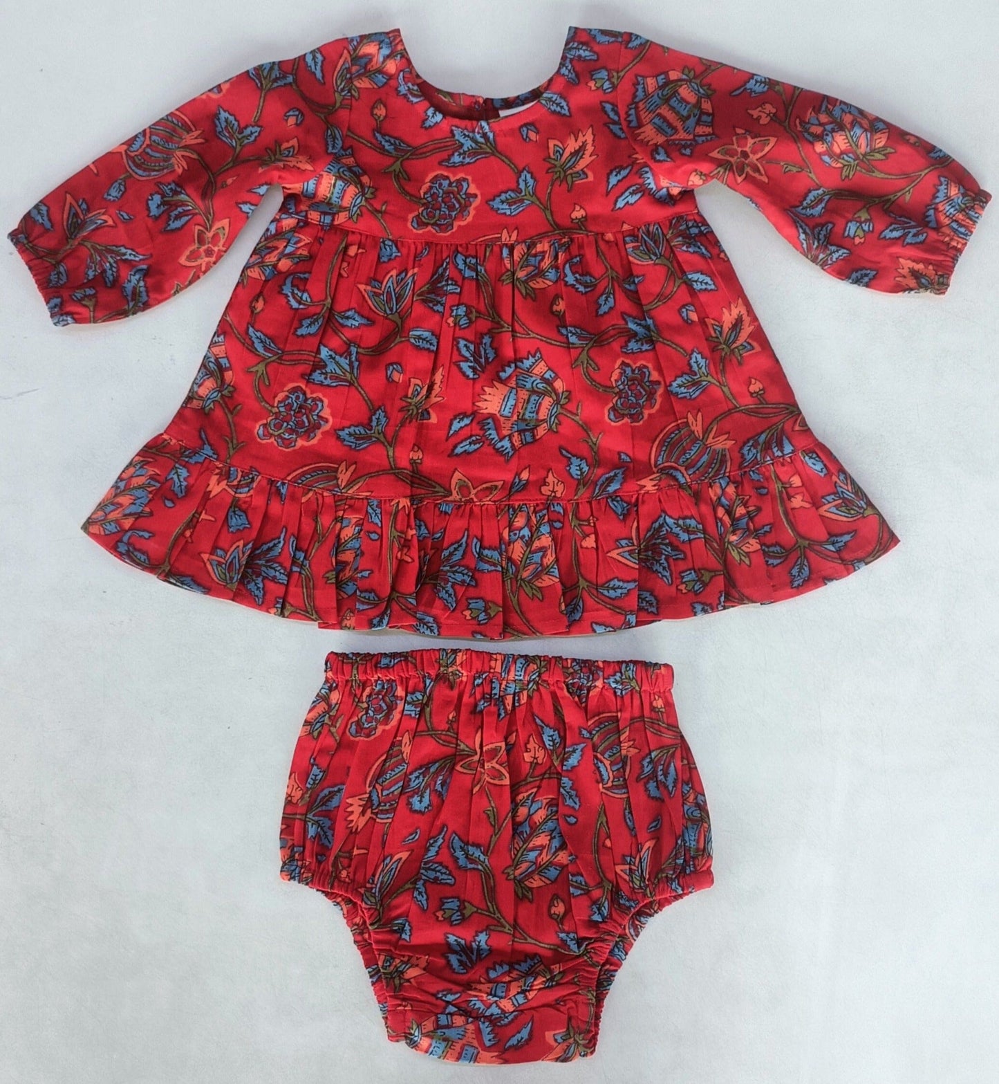 Floral Print Bottom Ruffle Long-Sleeves Gathered Dress dress & diaper cover Yo Baby India 